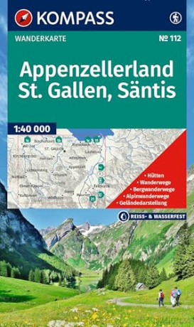 KOMPASS Wanderkarte 112 Appenzellerland, St. Gallen, Säntis 1:40.000: mit markierten Wanderwegen, Hütten, Radrouten [KSIĄŻKA]
