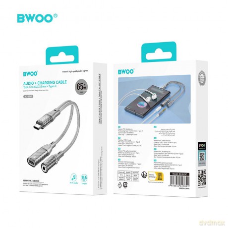 BWOO BZ67 adapter 2w1 USB-C - jack 3.5mm/USB-C szary