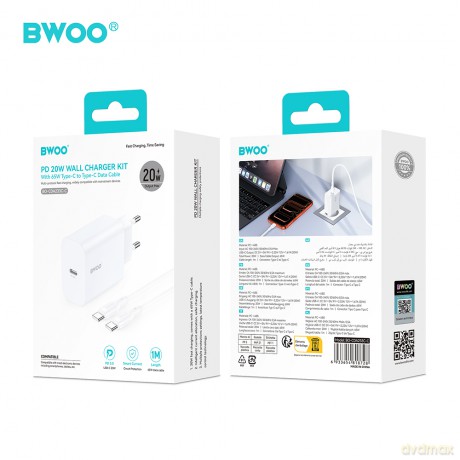 BWOO ładowarka sieciowa CDA233 PD 20W 1x USB-C biała + kabel USB-C - USB-C