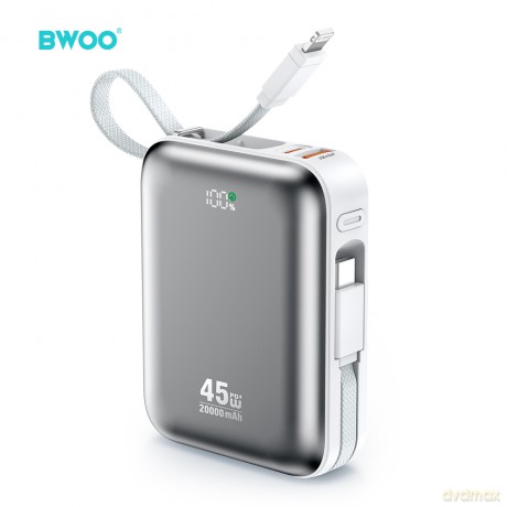 BWOO P78 powerbank 20000mAh szybkie ładowanie PD45W z 2 kablami USB-C i Lightning srebrny