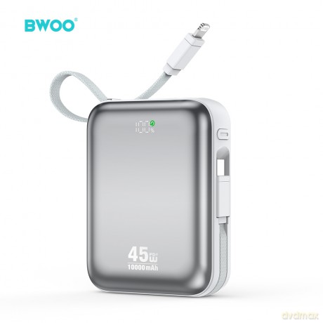 BWOO Power bank P77 45W, 10000 mAh z 2 kablami usb-c i lightning, szary