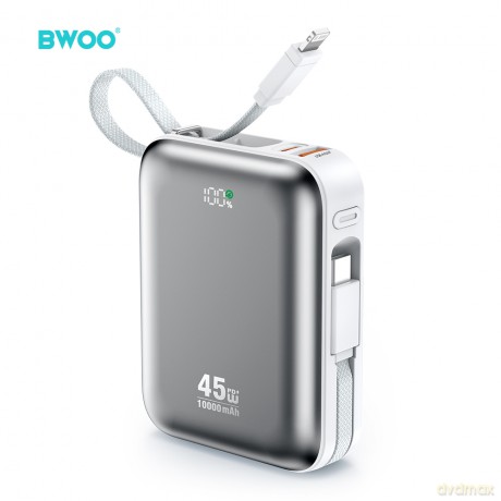 BWOO Power bank P77 45W, 10000 mAh z 2 kablami usb-c i lightning, szary
