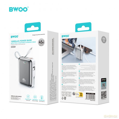BWOO Power bank P77 45W, 10000 mAh z 2 kablami usb-c i lightning, szary