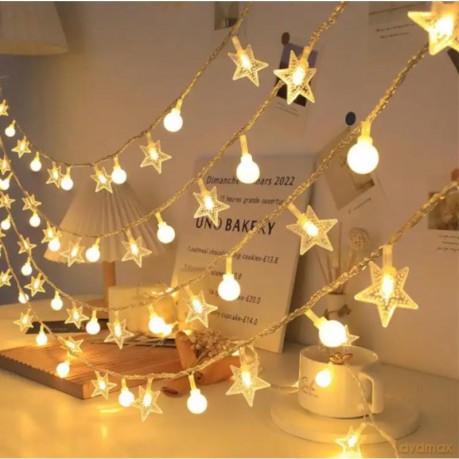 Girlanda 1.5m (10 lampek LED) USB Gwiazdki + Kulki na Balkon, CIEPŁY BIAŁY