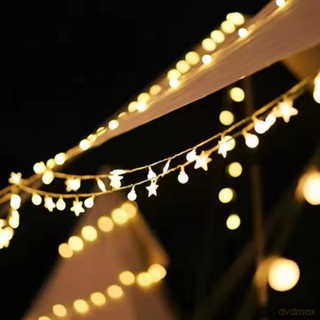 Girlanda 1.5m (10 lampek LED) USB Gwiazdki + Kulki na Balkon, CIEPŁY BIAŁY
