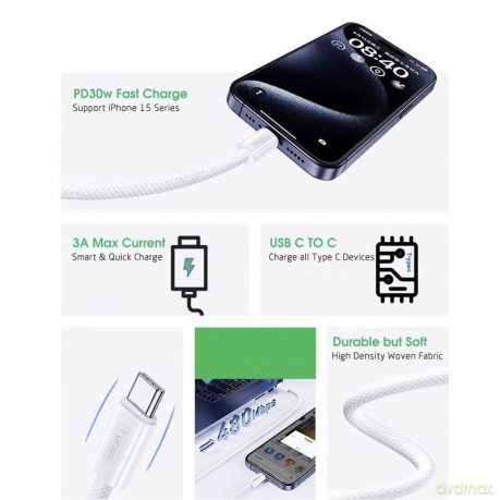 Kabel T-Phox Cc15 Series Usb-C/Usb-C 60w 3a 2m White