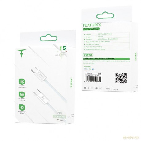 Kabel T-Phox Cc15 Series Usb-C/Usb-C 60w 3a 2m White