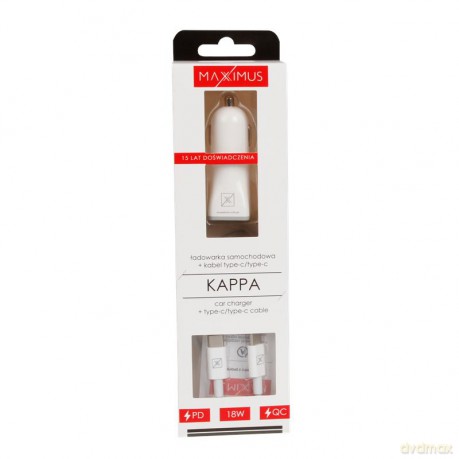 Ładowarka samochodowa MX KAPPA 18W PD+QC, USB-A+C + KABEL Type-C - Type-C 20W PD, WHITE/BIAŁY