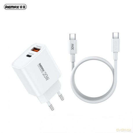 Ładowarka sieciowa REMAX CABLE SET 20W RP-U120 USB/USB-C + KABEL USB-C/USB-C WHITE