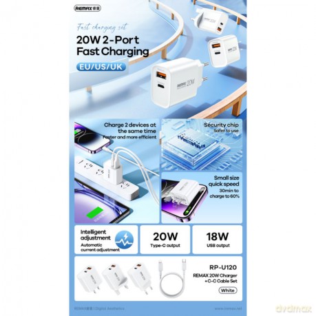 Ładowarka sieciowa REMAX CABLE SET 20W RP-U120 USB/USB-C + KABEL USB-C/USB-C WHITE