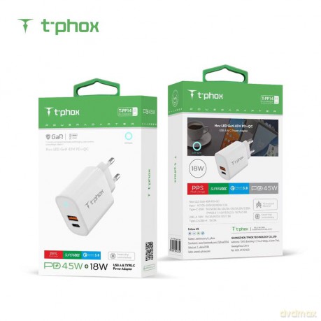 Ładowarka sieciowa T-PHOX GLORY 45W USB/USB-C WHITE