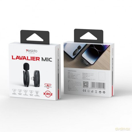 Yesido Mikrofon MEMS na Klipsie KR12 Lightning, Wireless 2.4GHz, BLACK/CZARNY