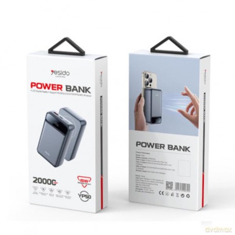 Yesido Powerbank YP50 20 000 mAh 22.5W USB-A + USB-C + 15W MagSafe, LED, SZARY