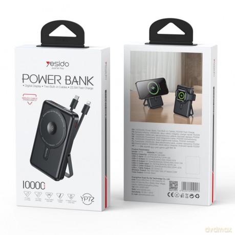 Yesido Powerbank YP72 10 000 mAh 22.5W USB-A+C + kabel USB-C+iP, CZARNY