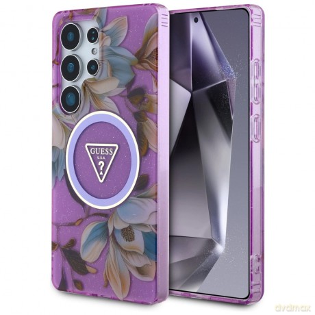 Etui Guess Glitter Flowers Triangle Buttons MagSafe na Samsung Galaxy S25 Ultra - fioletowe