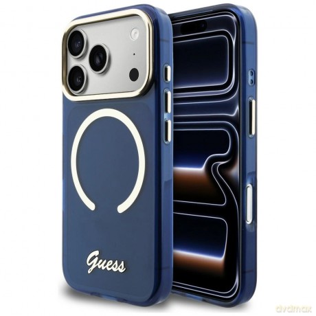 Etui Guess IML Script Metal MagSafe na iPhone 17 Pro - niebieskie