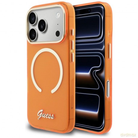 Etui Guess IML Script Metal MagSafe na iPhone 17 Pro - pomarańczowe