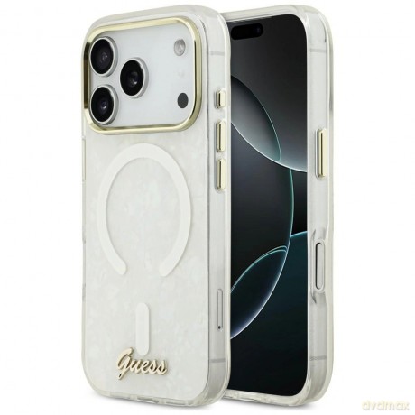 Etui Guess IML Shell Script Metal MagSafe na iPhone 17 Pro Max - białe