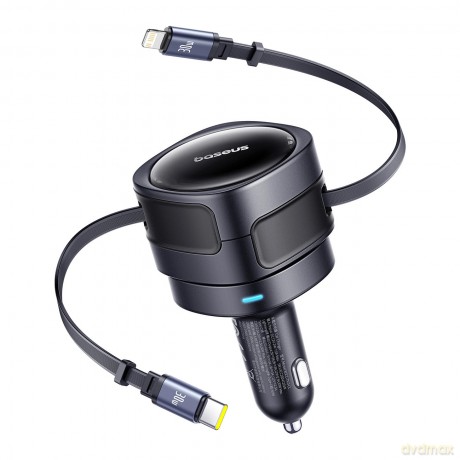 Ładowarka samochodowa Baseus Enjoyment Max 60W ze zwijanymi kablami USB-C i Lightning - czarna