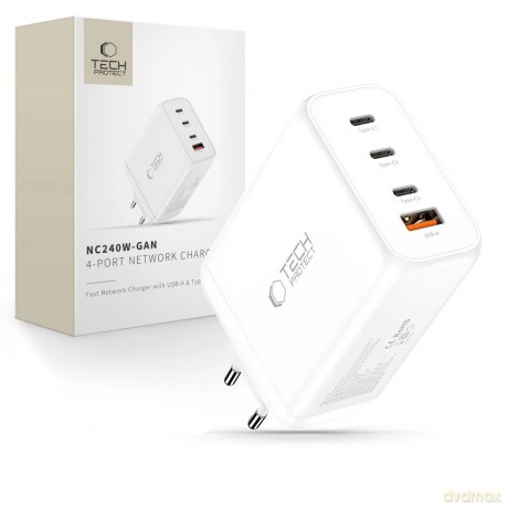 Ładowarka sieciowa Tech-Protect NC240W-GaN 4-Porty 240W - biała