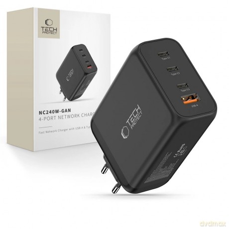 Ładowarka sieciowa Tech-Protect NC240W-GaN 4-Porty 240W - czarna
