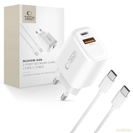 Ładowarka sieciowa Tech-Protect NCA45W-GAN 2-Porty 45W z kablem USB-C - biała