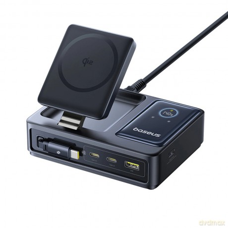 Stacja ładująca Baseus NOMOS 140W Qi2 5w1 bezprzewodowa ze zwijanym kablem USB-C i wyświetlaczem cyfrowym - czarna