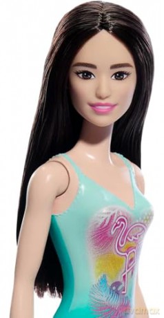 Mattel Barbie Beach Black Hair Doll Wearing Tropical Blue Swimsuit HXX51