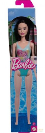 Mattel Barbie Beach Black Hair Doll Wearing Tropical Blue Swimsuit HXX51