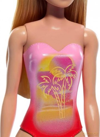 Mattel Barbie Beach Blond Hair Doll Wearing Pink Palm TreePrint Swimsuit HXX48