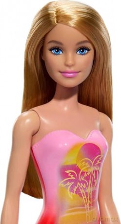 Mattel Barbie Beach Blond Hair Doll Wearing Pink Palm TreePrint Swimsuit HXX48