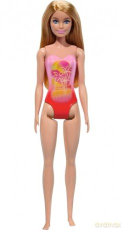 Mattel Barbie Beach Blond Hair Doll Wearing Pink Palm TreePrint Swimsuit HXX48