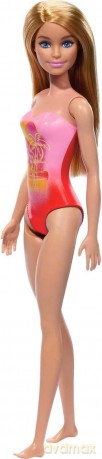 Mattel Barbie Beach Blond Hair Doll Wearing Pink Palm TreePrint Swimsuit HXX48