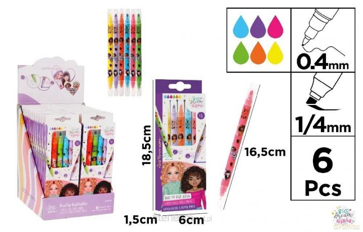 Zakreślacz BDGirls dwustronny 0.4mm 6 kolorów