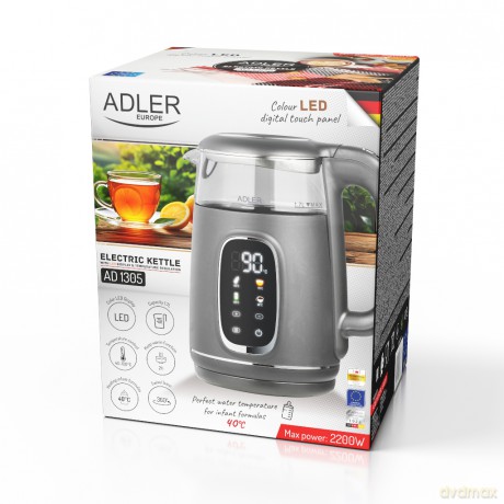 Czajnik elektryczny szklany regulacją temperatury 1,7L | LED | 40-100°C | Adler AD 1305 GS grey silver