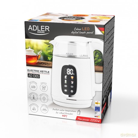 Czajnik elektryczny szklany regulacją temperatury 1,7L | LED | 40-100°C | Adler AD 1305 WS white silver