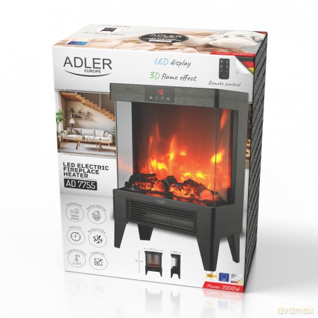 Kominek elektryczny LED z pilotem | 3D efekt płomienia | 2 moce grzania 1000W/2000W | Termostat Adler AD 7755