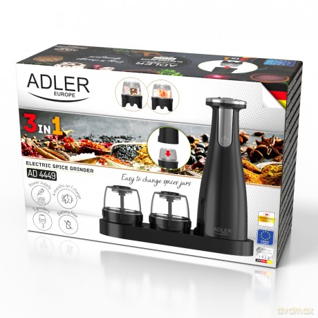 Młynek do przypraw, soli i pieprzu - Zestaw 3 młynków - USB Adler AD 4449 black
