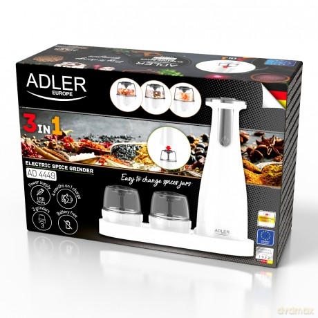 Młynek do przypraw, soli i pieprzu - Zestaw 3 młynków - USB Adler AD 4449 white