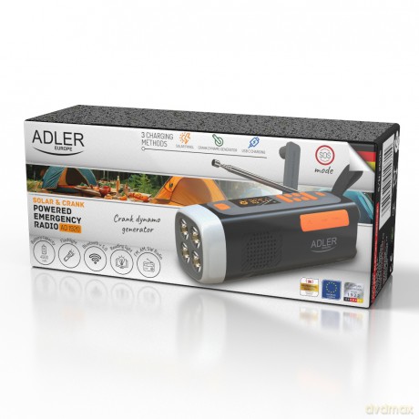 Radio Awaryjne z Panelem Słonecznym, Korbką i Powerbankiem | Bluetooth 5.0 | Latarka LED 4W | 4500 mAh Adler AD 1920