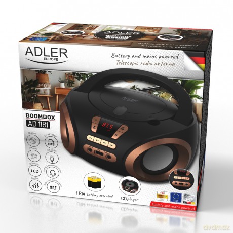 Radio Boombox CD-MP3 | USB | FM Radio | AUX | Gniazdo słuchawkowe Adler AD 1181 black copper