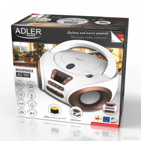 Radio Boombox CD-MP3 | USB | FM Radio | AUX | Gniazdo słuchawkowe Adler AD 1181 white copper