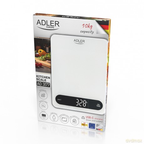Waga kuchenna 10 kg | ładowalna przez USB-C | dokładność 1 g Adler AD 3177 white black