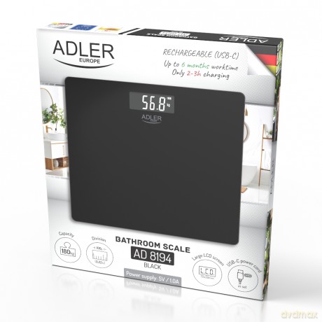 Waga Łazienkowa USB-C, Akumulatorowa, 180 kg, Dokładność 100 g Adler AD 8194 black