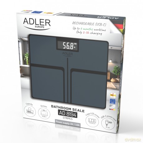 Waga Łazienkowa USB-C, Akumulatorowa, 180 kg, Dokładność 100 g Adler AD 8194 stripes