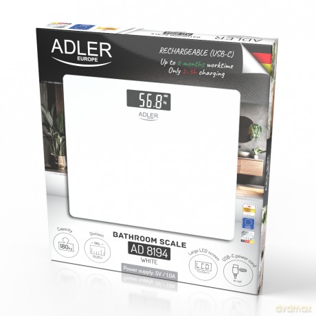 Waga Łazienkowa USB-C, Akumulatorowa, 180 kg, Dokładność 100 g Adler AD 8194 white