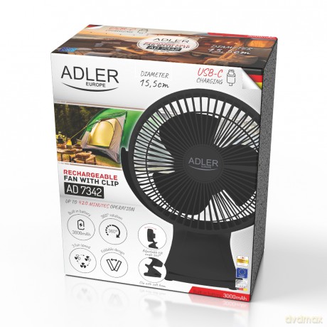 Wentylator biurkowy z klipsem |Akumulatorowy| 15,5 cm | 360° obrót| USB-C | Adler AD 7342 black