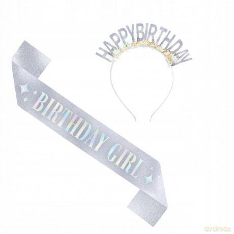 Szarfa i opaska urodzinowa Happy Birthday srebrna - zestaw 168158
