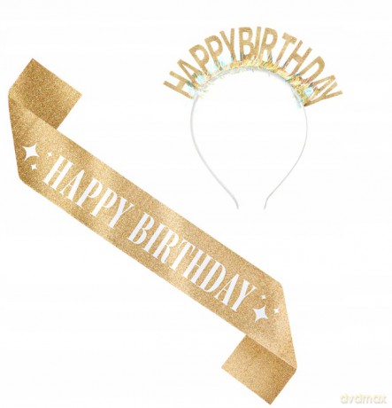 Szarfa i opaska urodzinowa Happy Birthday złota - zestaw 168134