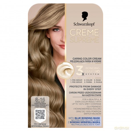 SCHWARZKOPF Creme Supreme Farba do włosów odcień 8-16 Cool Ash Blonde